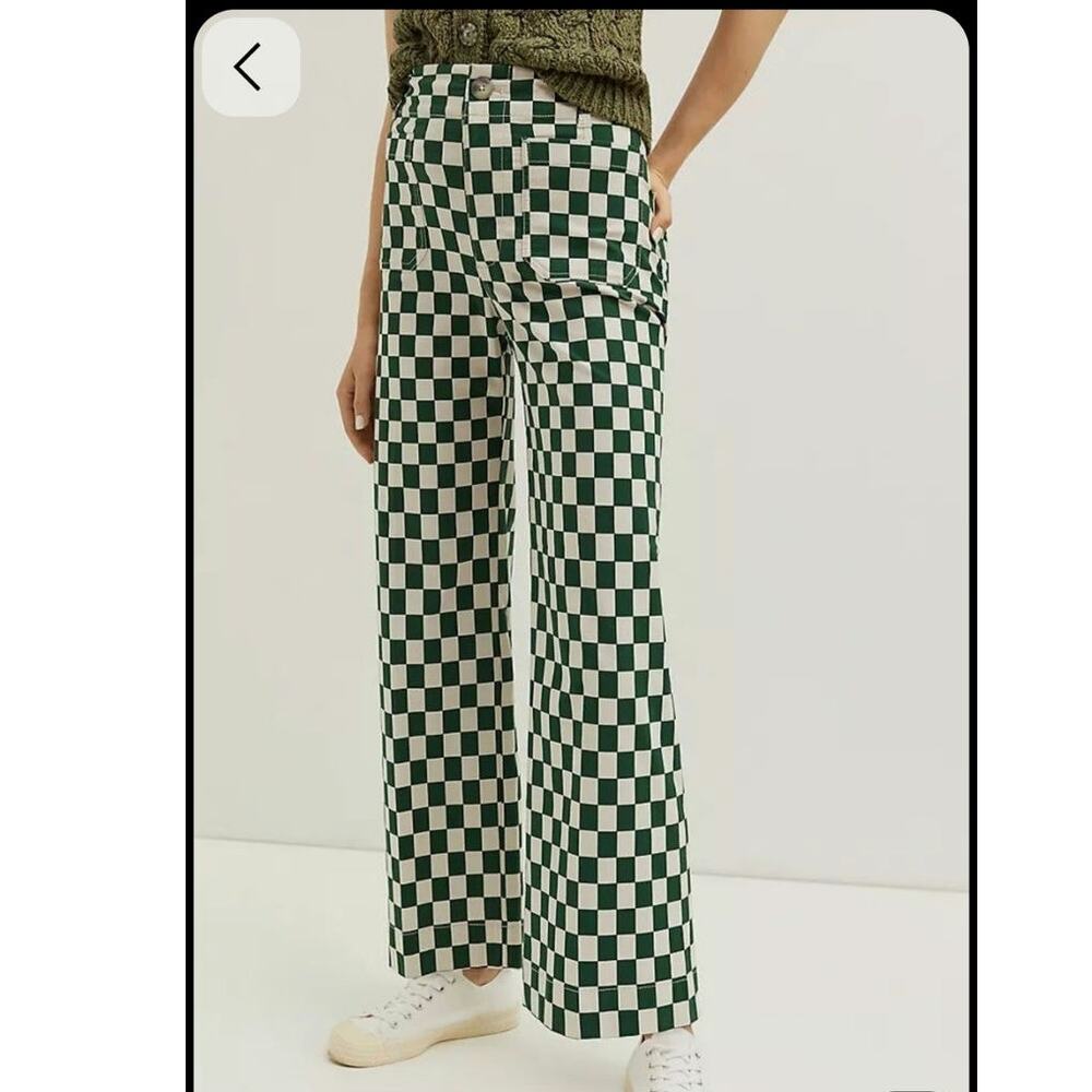 Maeve by Anthropologie Colette Cropped Wide-Leg Checkered Green Pants Size: 28